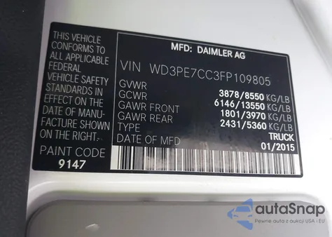 2015 Mercedes-Benz Sprinter 2500 Normal Roof z USA, uszkodzony, nr VIN WD3PE7CC3FP109805